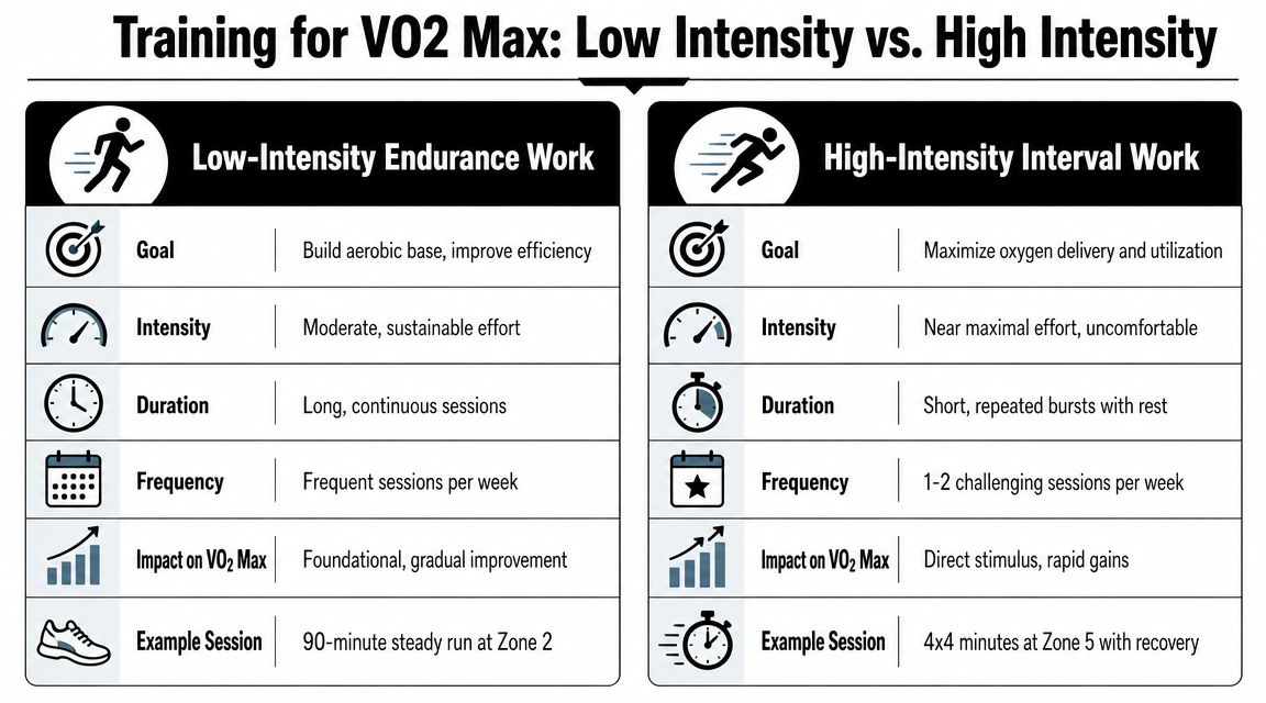 A comparison chart showing differences between low-intensity endurance work and high-intensity interval training to increase VO2 max.