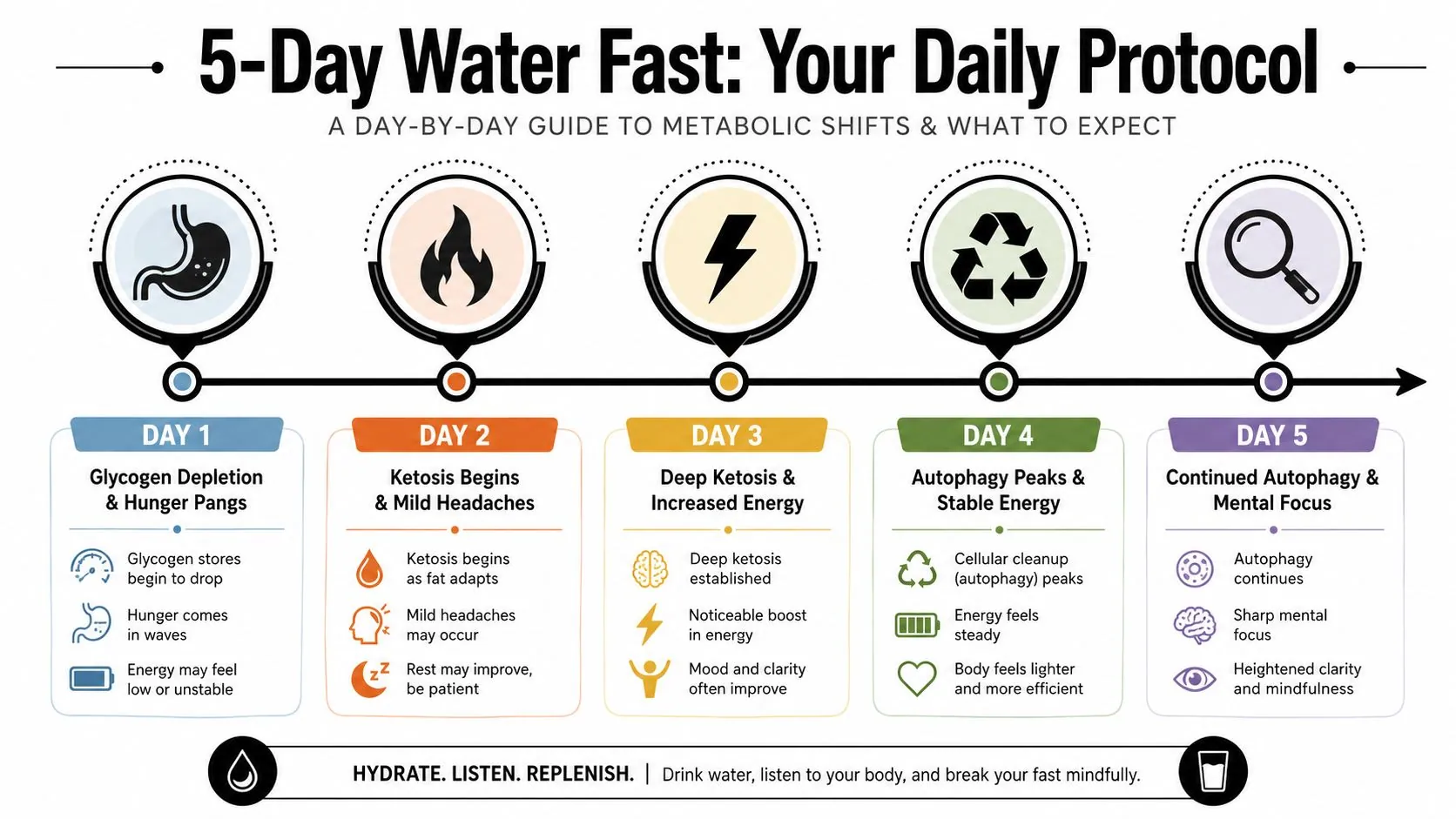 A visual guide outlining the five day water fasting protocol with daily metabolic changes and expectations.