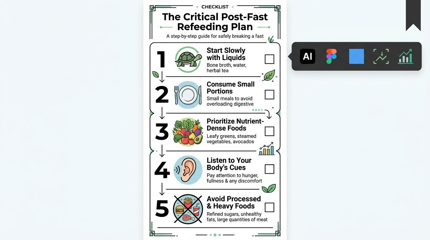 An infographic checklist outlining five essential steps for safely breaking a fast, including liquid and nutrient-dense foods.