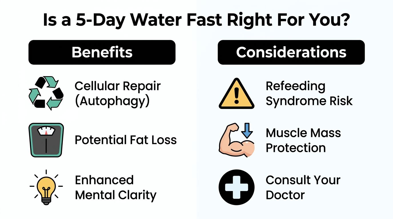 An infographic titled Is a 5-Day Water Fast Right For You listing benefits and considerations.