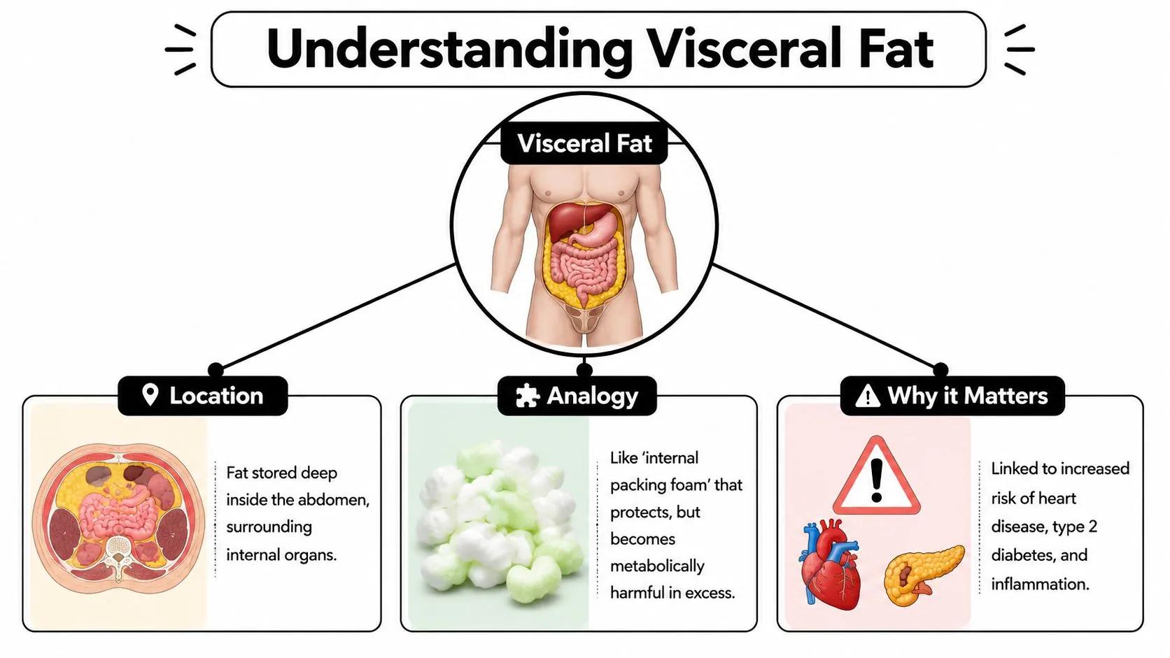 A diagram explaining visceral fat, showing its abdominal location, foam-like anatomy, and health risks like diabetes.