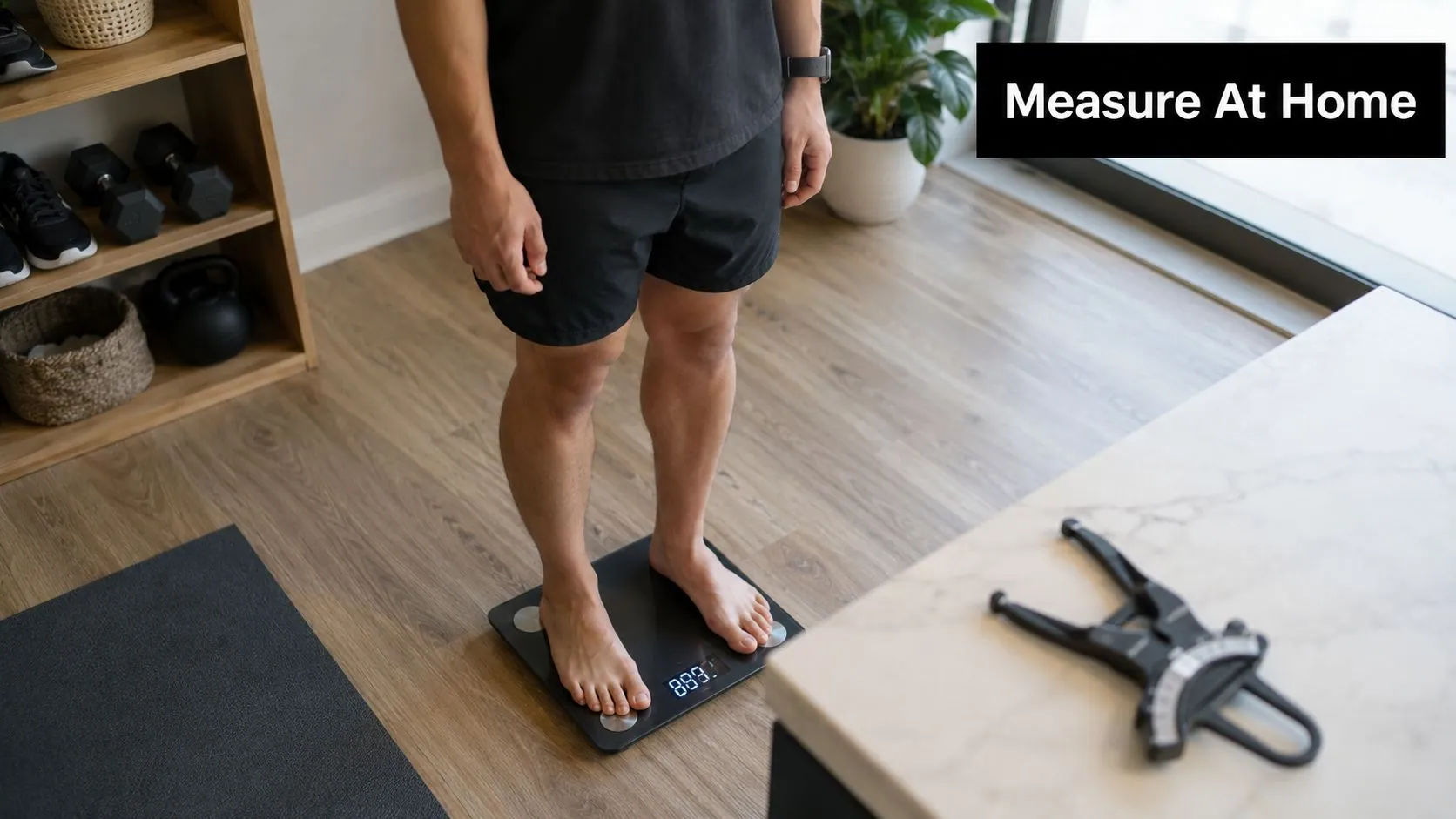 A person standing on a black digital scale while measuring body fat at home.