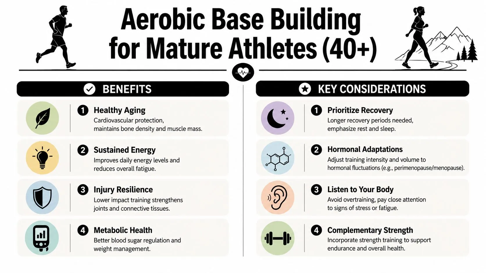 An infographic detailing benefits and key considerations for aerobic base building specifically for mature athletes aged over 40.