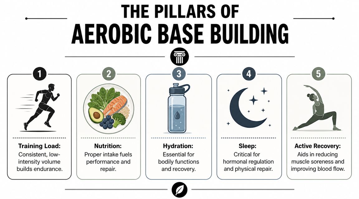 An infographic detailing five key pillars for aerobic base building including training, nutrition, hydration, sleep, and recovery.