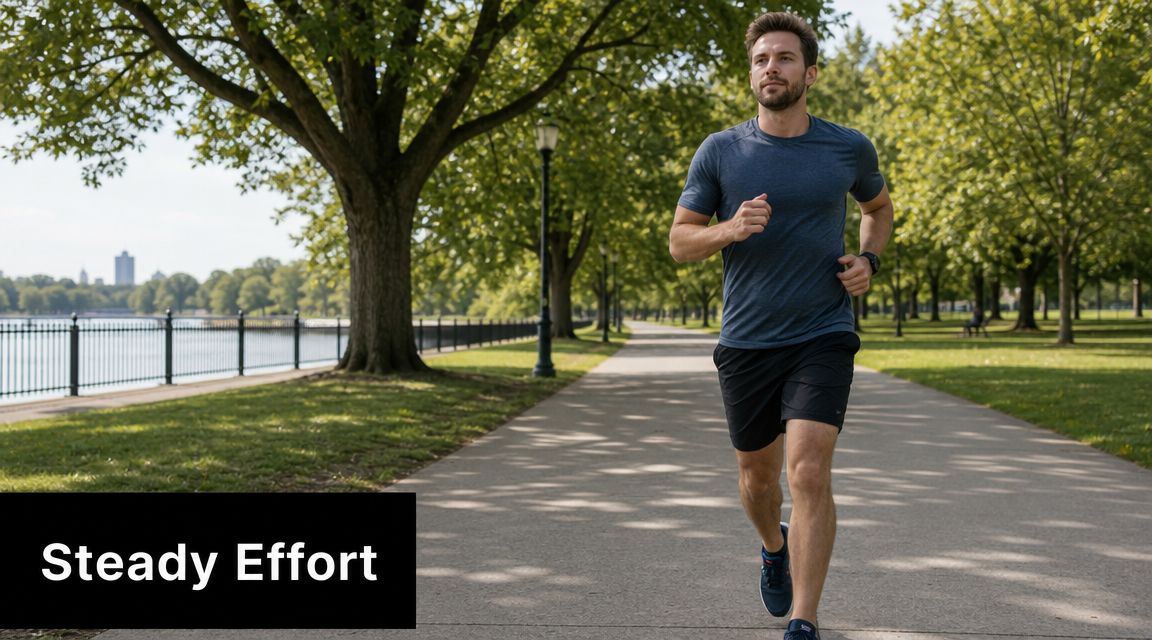 A fit man wearing a blue shirt and black shorts jogging on a scenic park path.