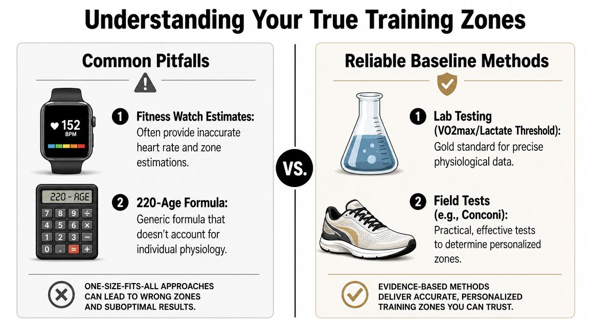 A comparison infographic showing unreliable generic training zone estimation methods versus accurate, evidence-based physiological testing approaches.