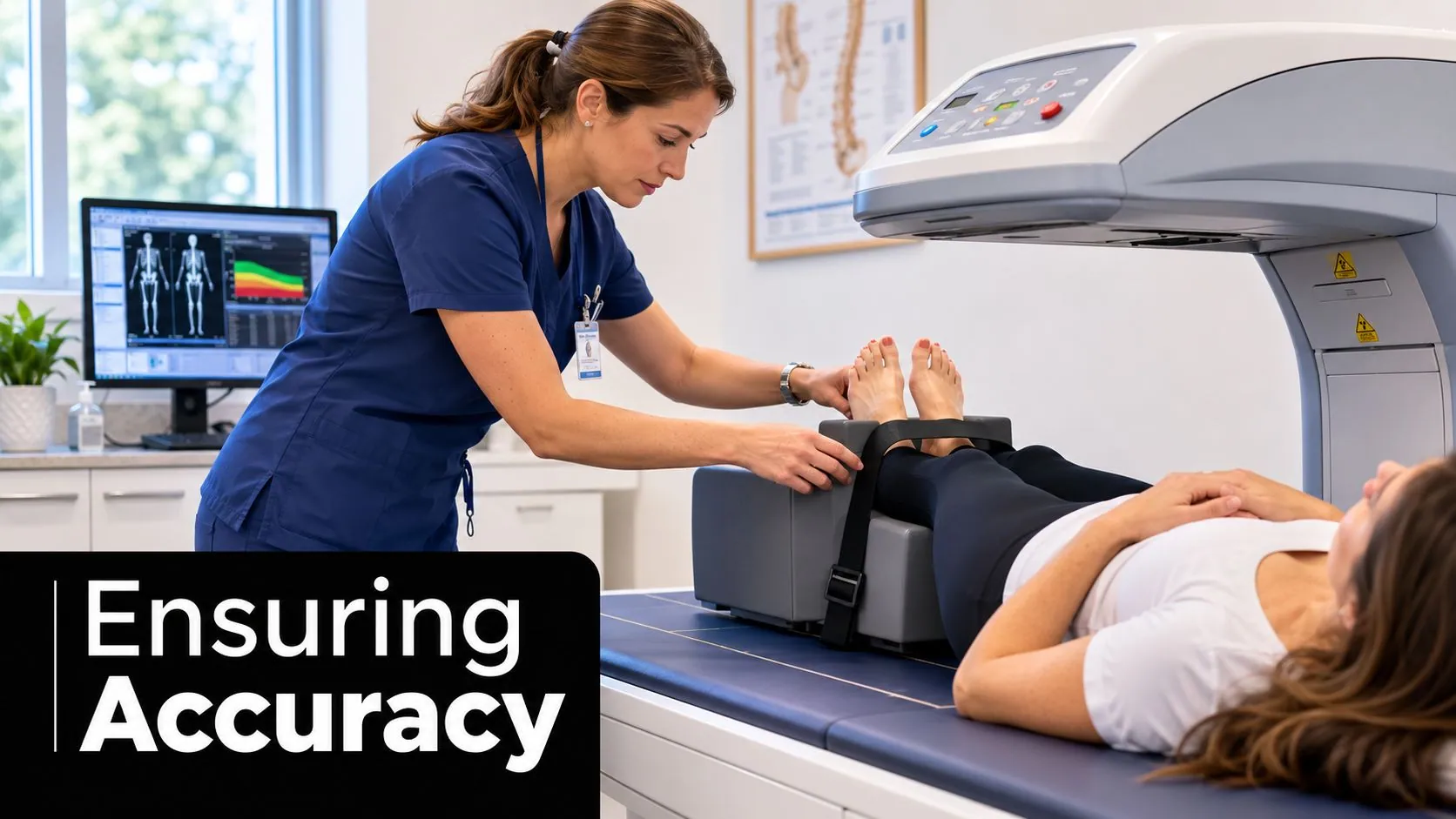 A technician positions a patient's feet on a DXA scanner machine for a bone density test.