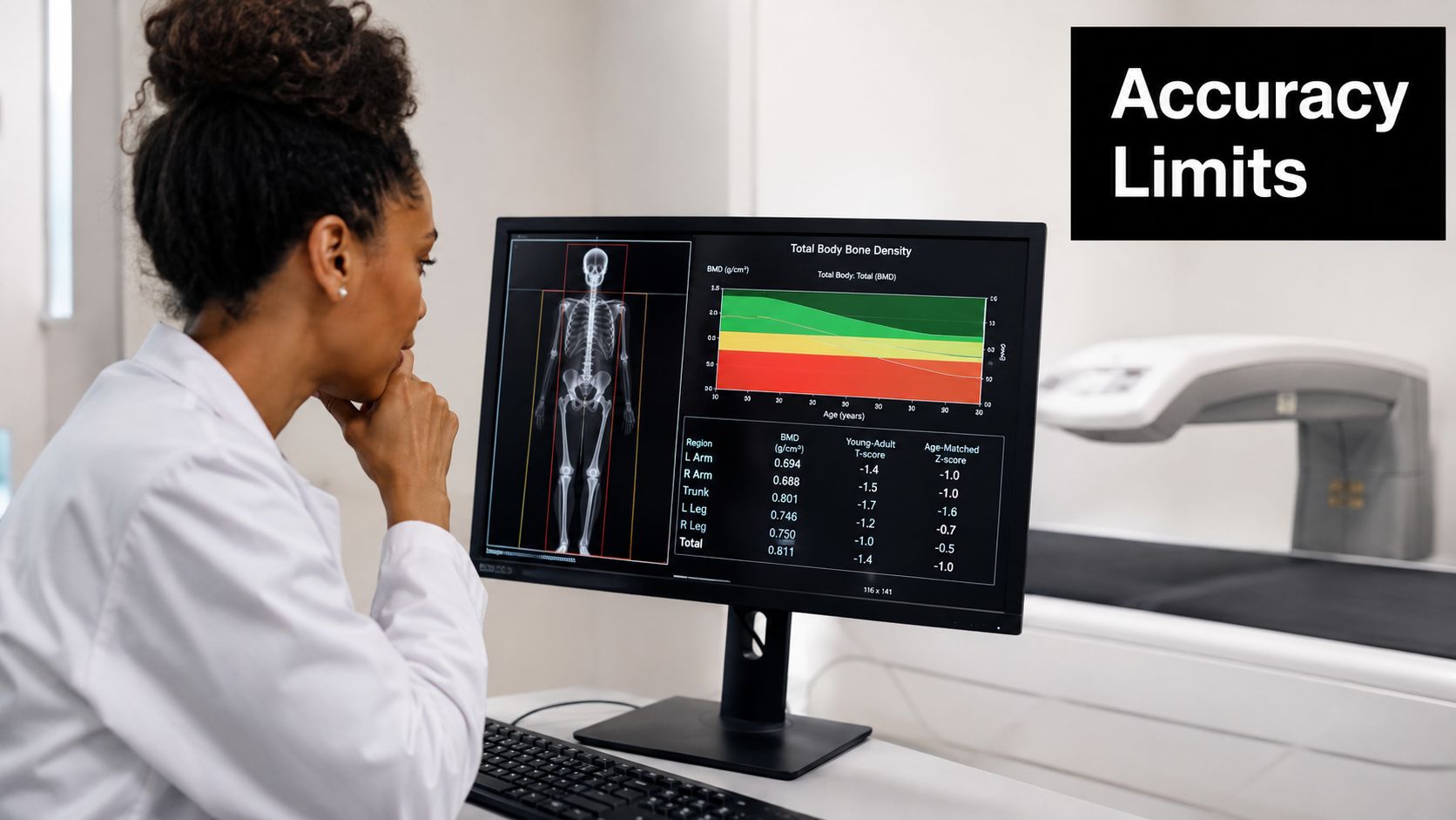 A medical professional examining a patient's bone density scan results on a computer monitor in a clinic.