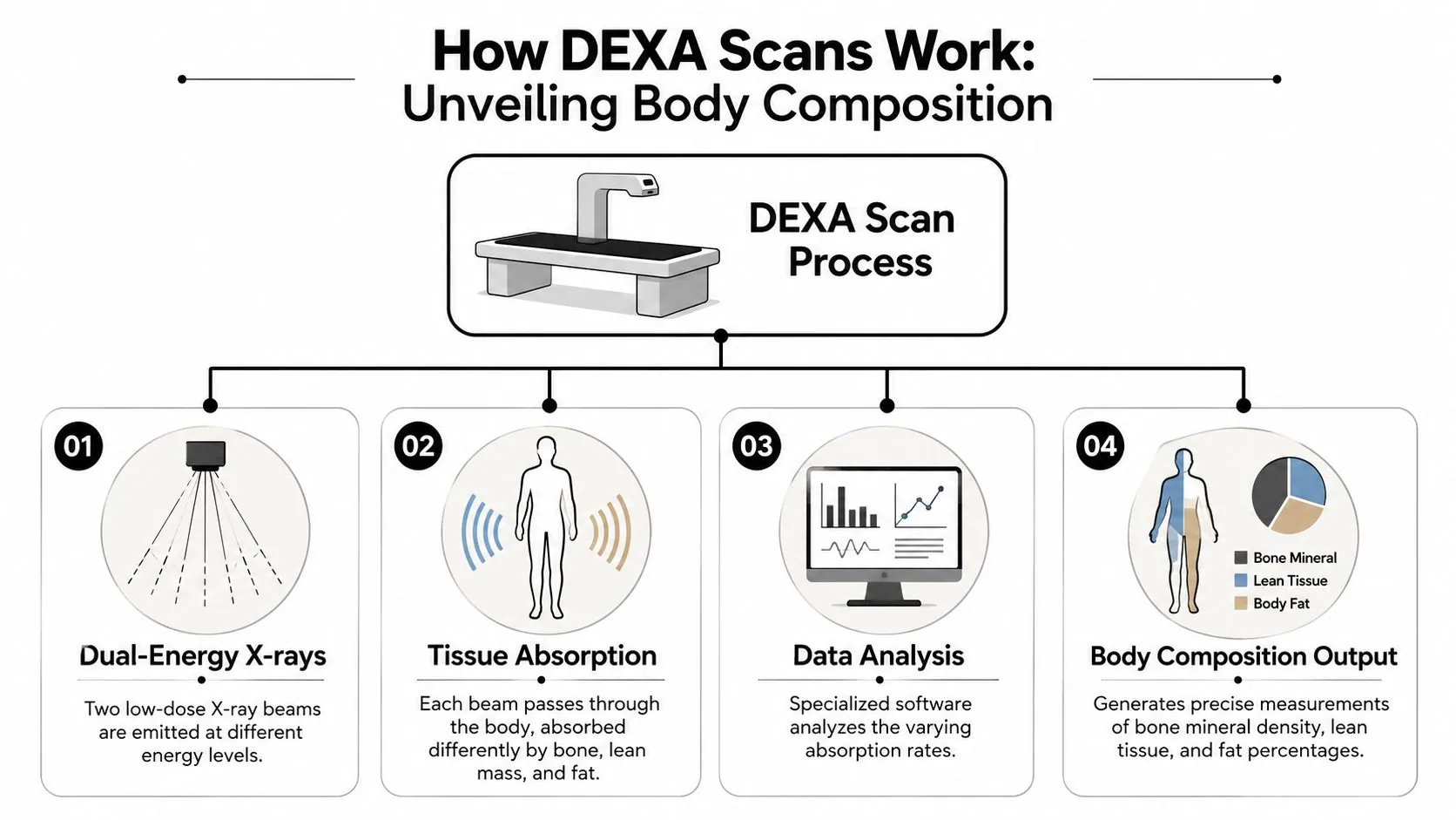 A diagram illustrating the four steps of a DEXA scan process for measuring human body composition.