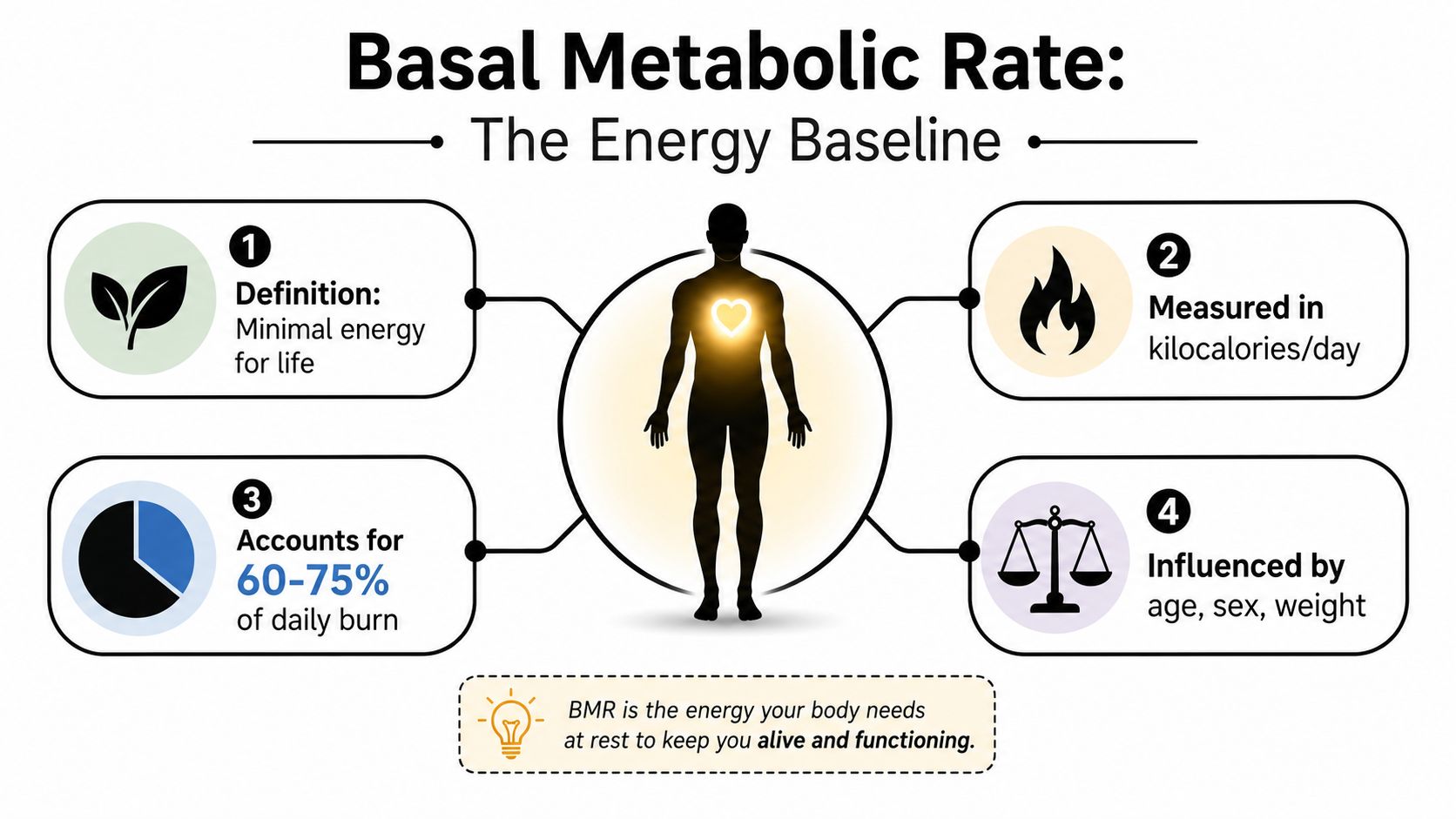 An infographic explaining Basal Metabolic Rate as the minimal energy required by the body to function.