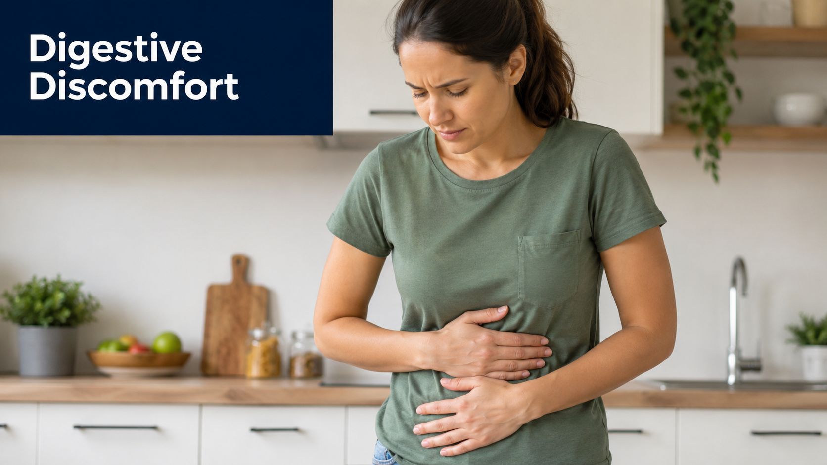 A woman standing in a kitchen holding her stomach due to experiencing sudden digestive discomfort or pain.