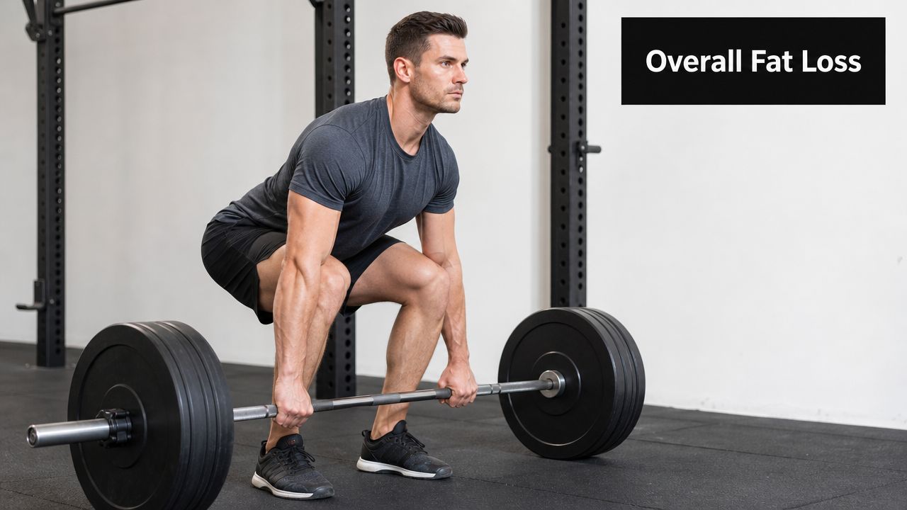 A fit man performing a deadlift exercise with a barbell in a professional gym setting.