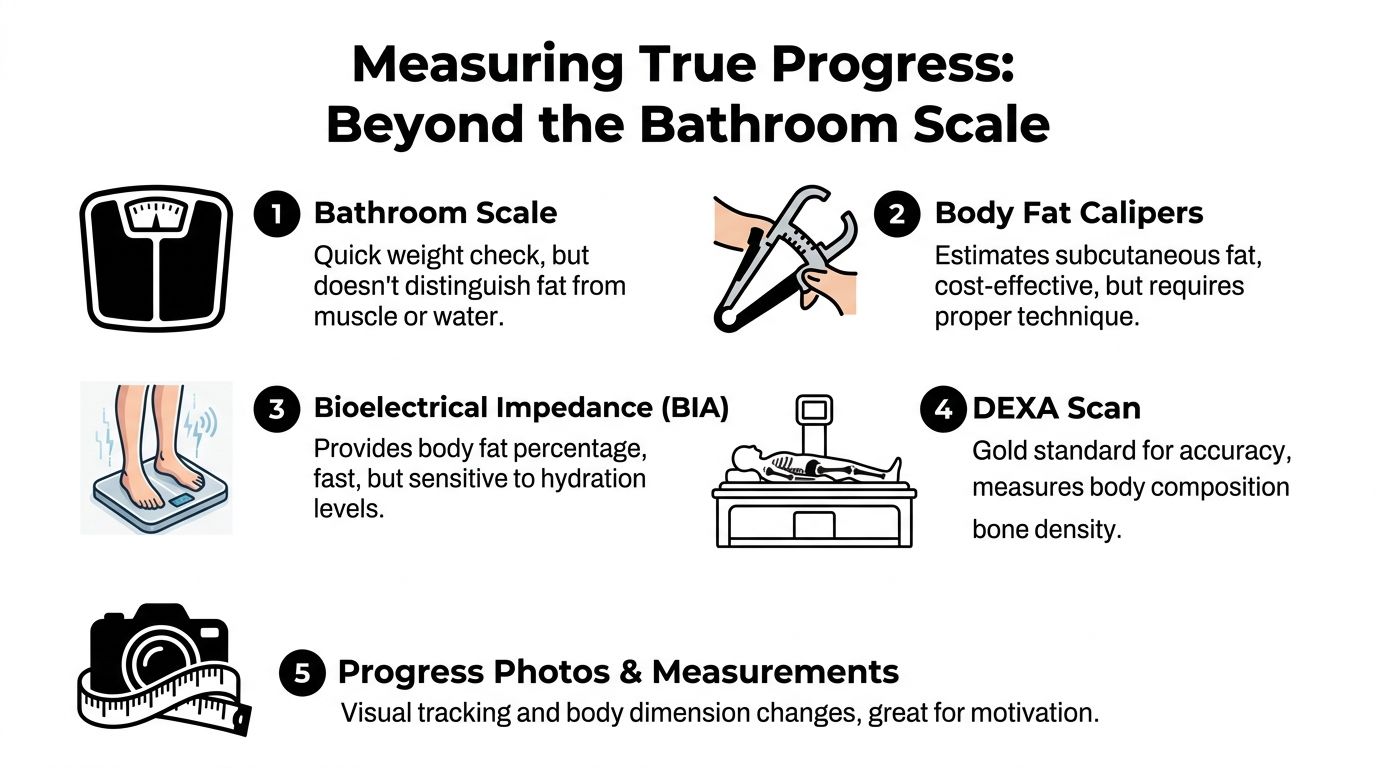 An infographic showing five different methods for tracking body composition and health progress beyond just body weight.
