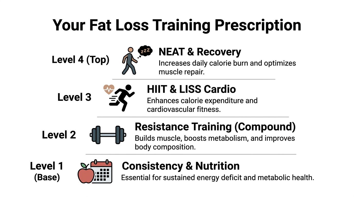 A hierarchical pyramid chart outlining the four levels of a fat loss training prescription for fitness.