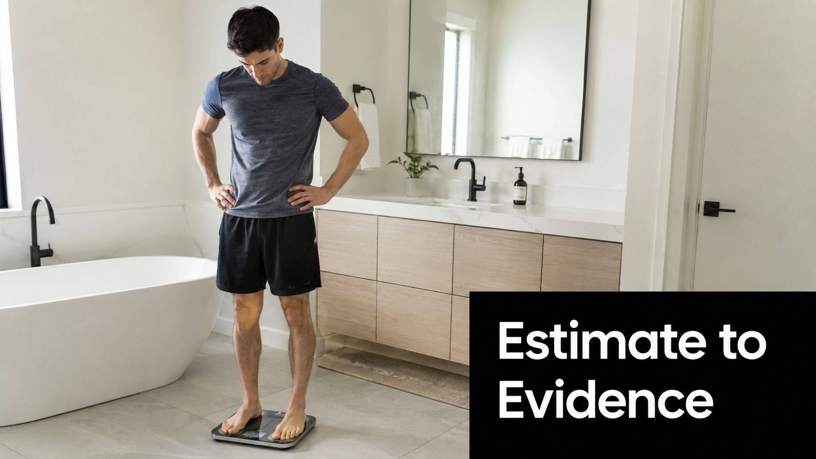 A man wearing a t-shirt and shorts standing on a digital scale in a modern bathroom.
