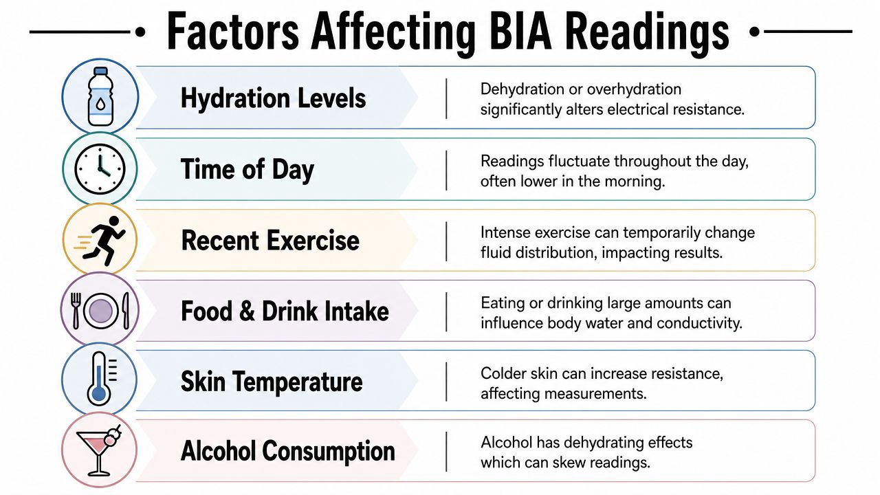 An infographic showing six key factors affecting bioelectrical impedance analysis readings, including hydration, time, and exercise.