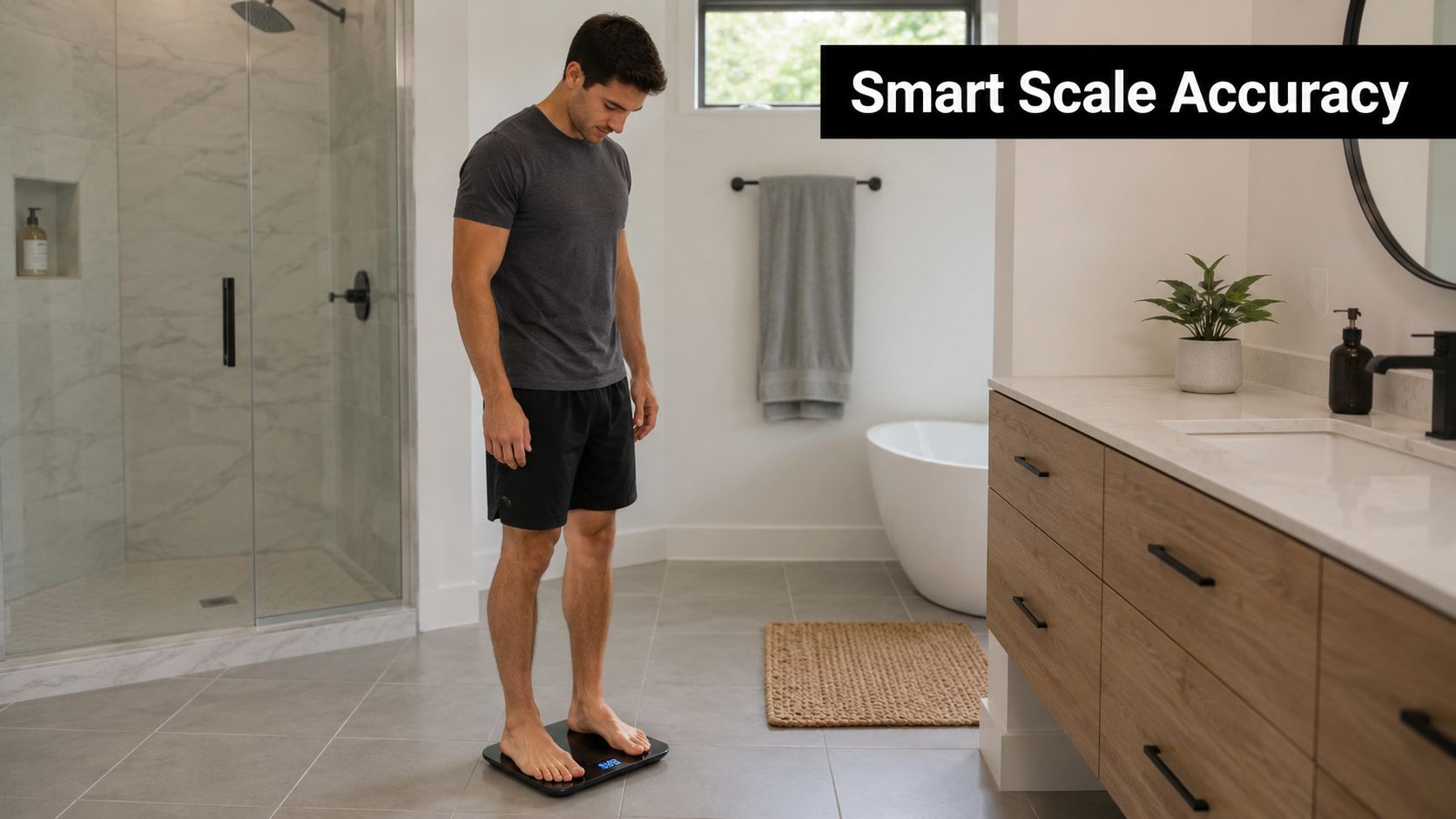 A man stands on a smart scale in a modern bathroom to measure his body weight.