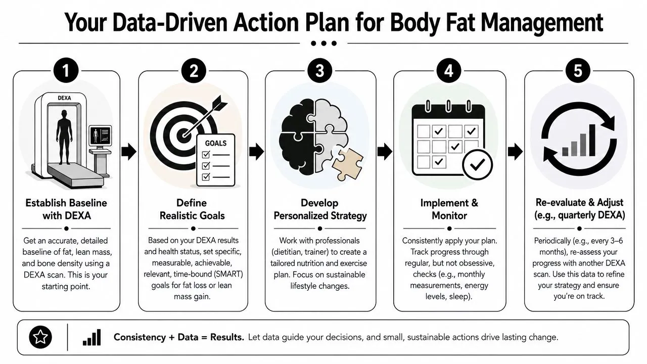 A five-step infographic guide for tracking and managing body fat using data-driven methods and DEXA scans.