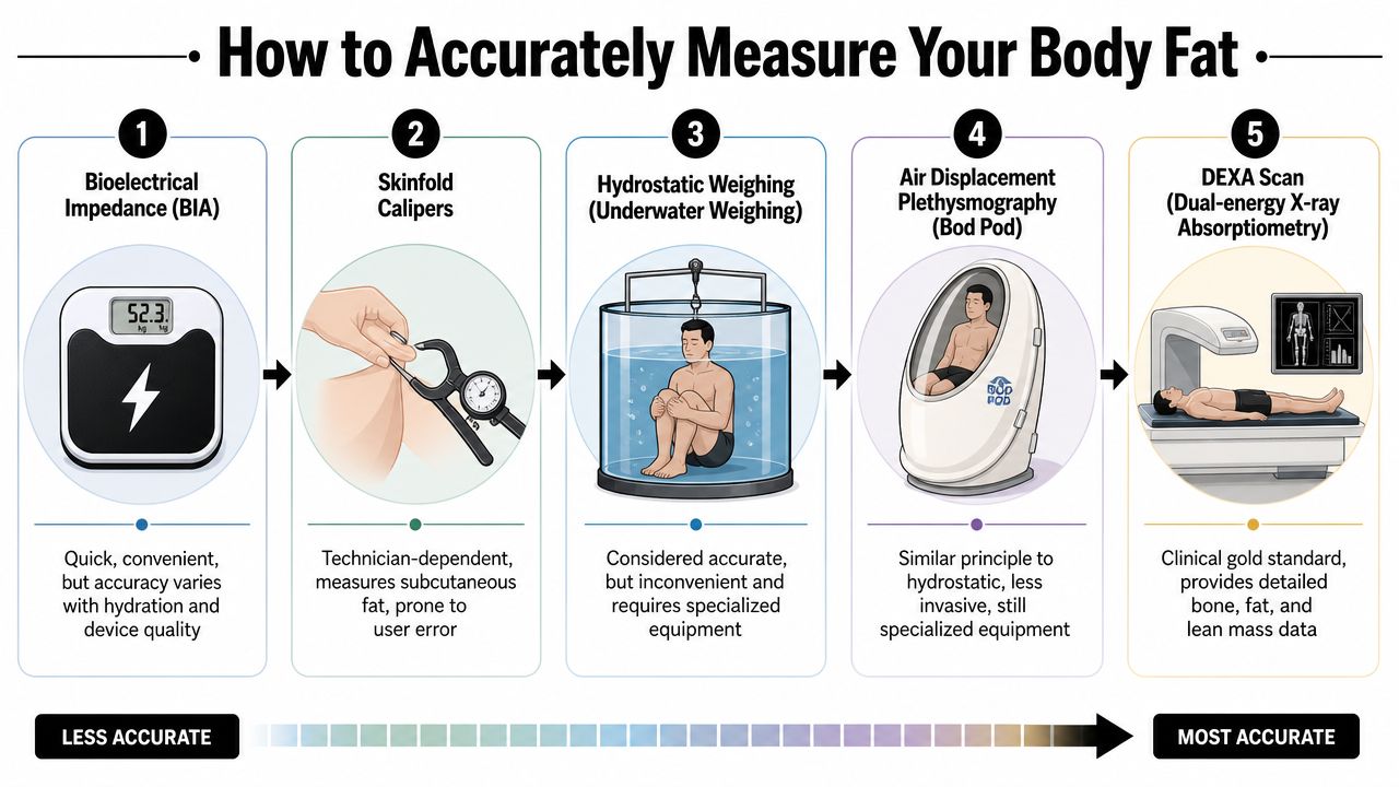 A diagram comparing five different methods for measuring body fat, ranging from least accurate to most accurate.