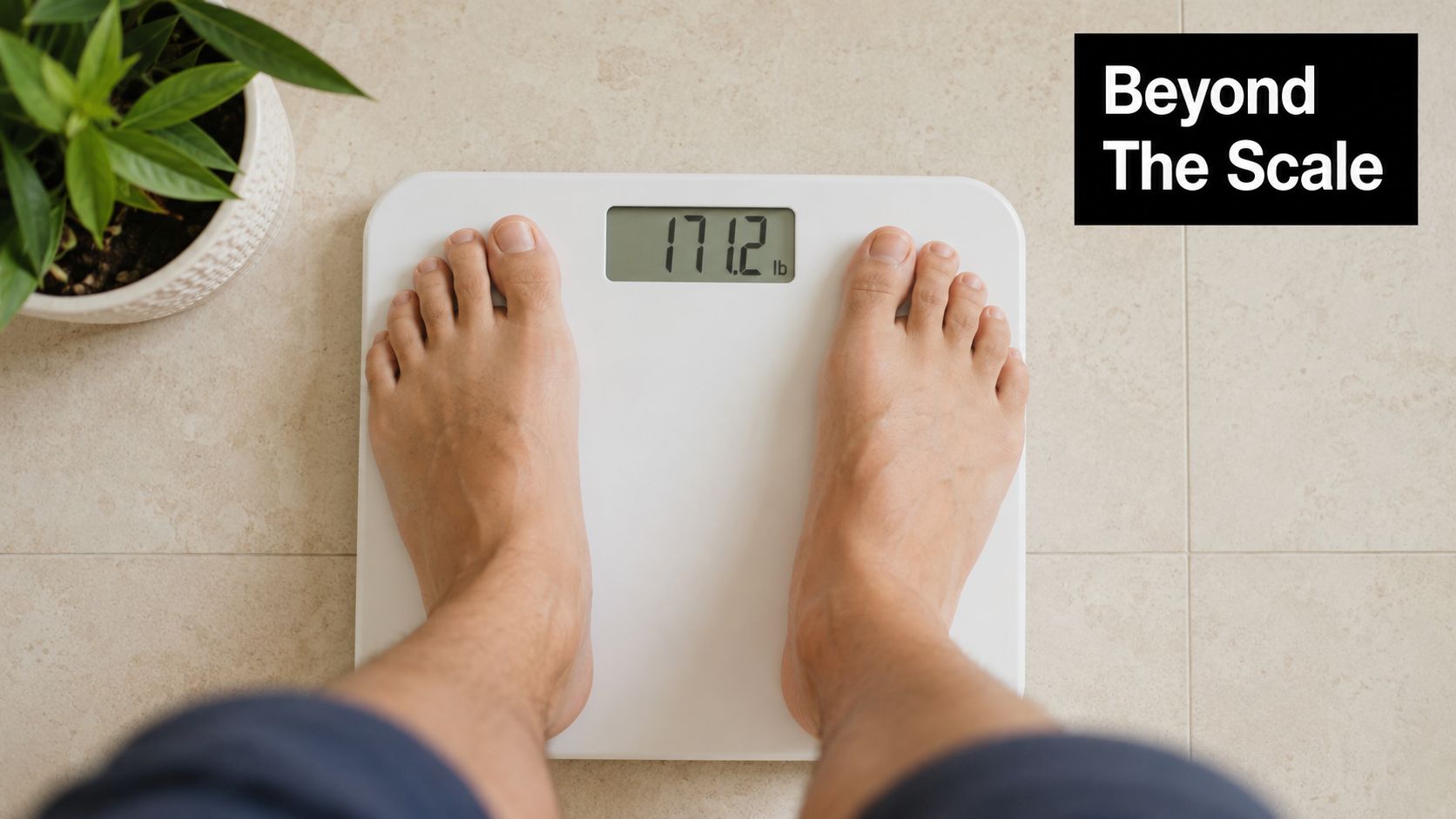 A top-down view of a person standing on a white digital bathroom scale displaying 171.2 pounds.