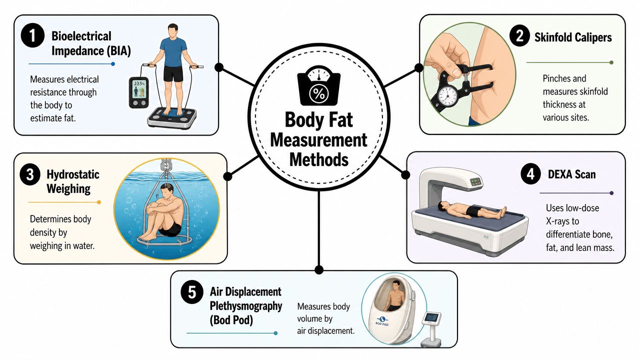 An infographic showing five common medical methods for calculating body fat percentage in human subjects.