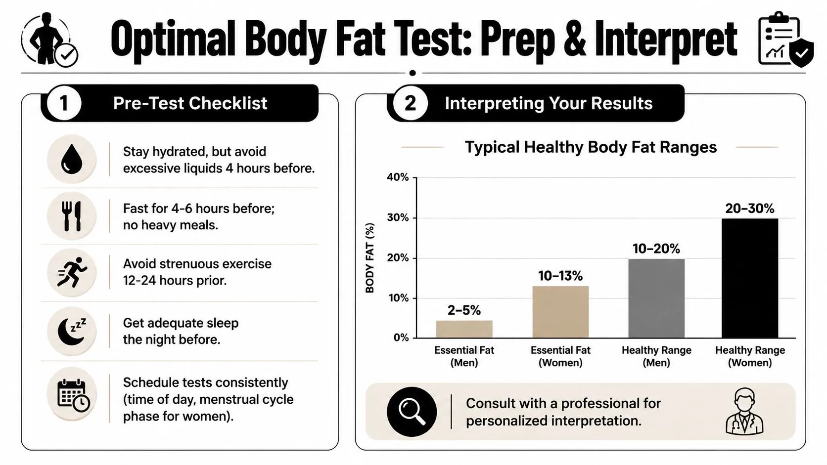 An infographic titled Optimal Body Fat Test: Prep & Interpret with a pre-test checklist and healthy fat range chart.