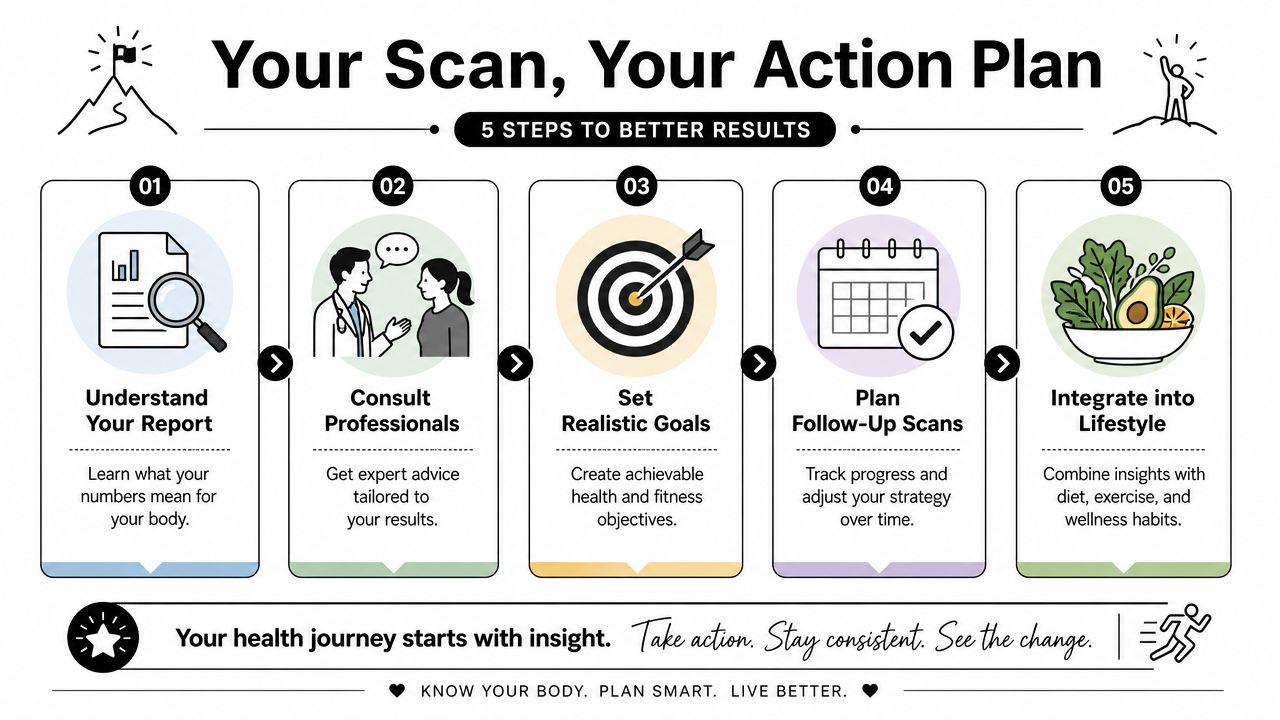 A five-step action plan infographic helping users understand their body scan reports and optimise health habits.