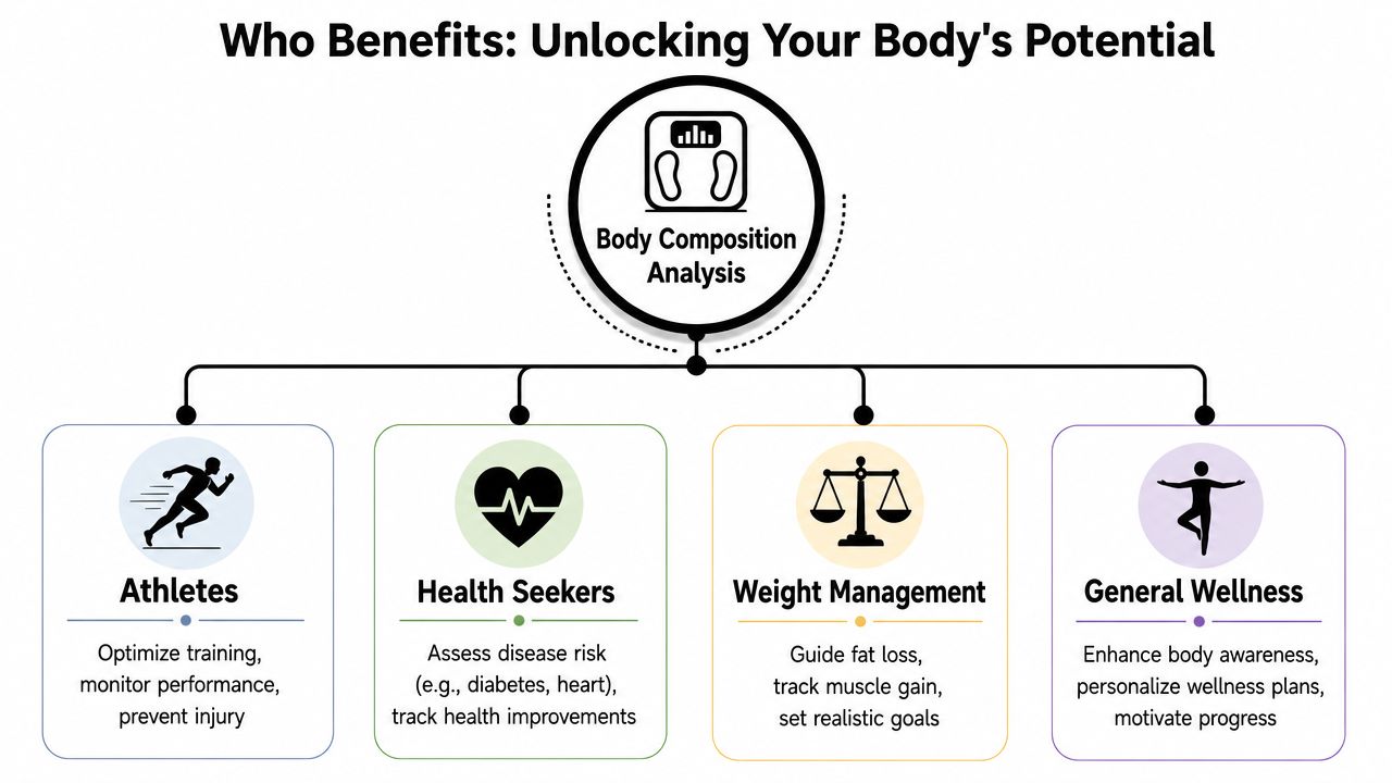A diagram illustrating the benefits of body composition analysis for athletes, health seekers, weight management, and wellness.