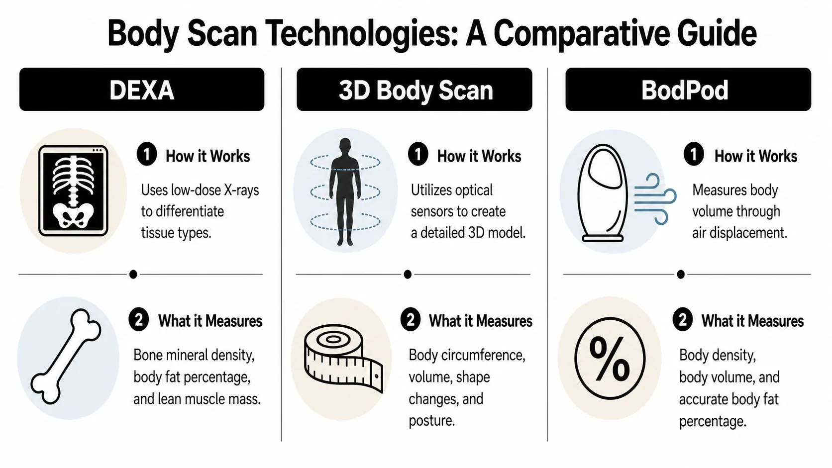 A comparison chart explaining the technology and measurements of DEXA, 3D body scans, and BodPod systems.