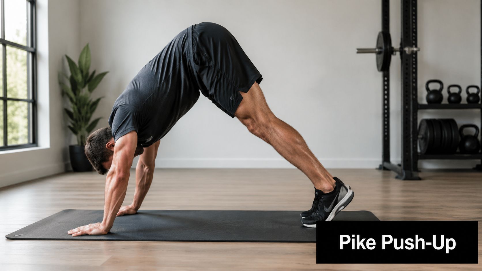 A pike push-up shifts bodyweight towards the shoulders while the feet remain supported.