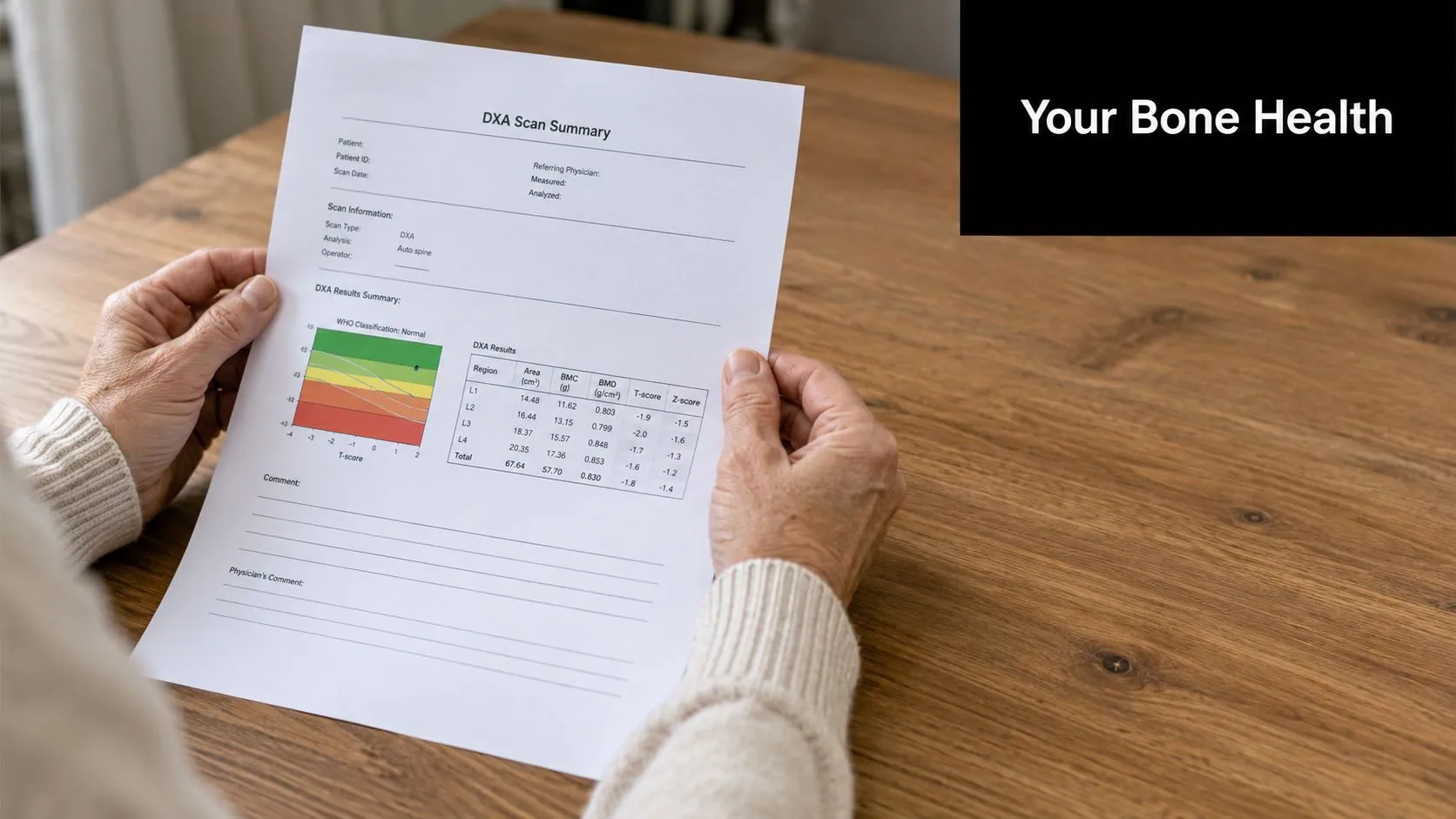 An elderly person holds a paper DXA scan summary report regarding their bone mineral density results.