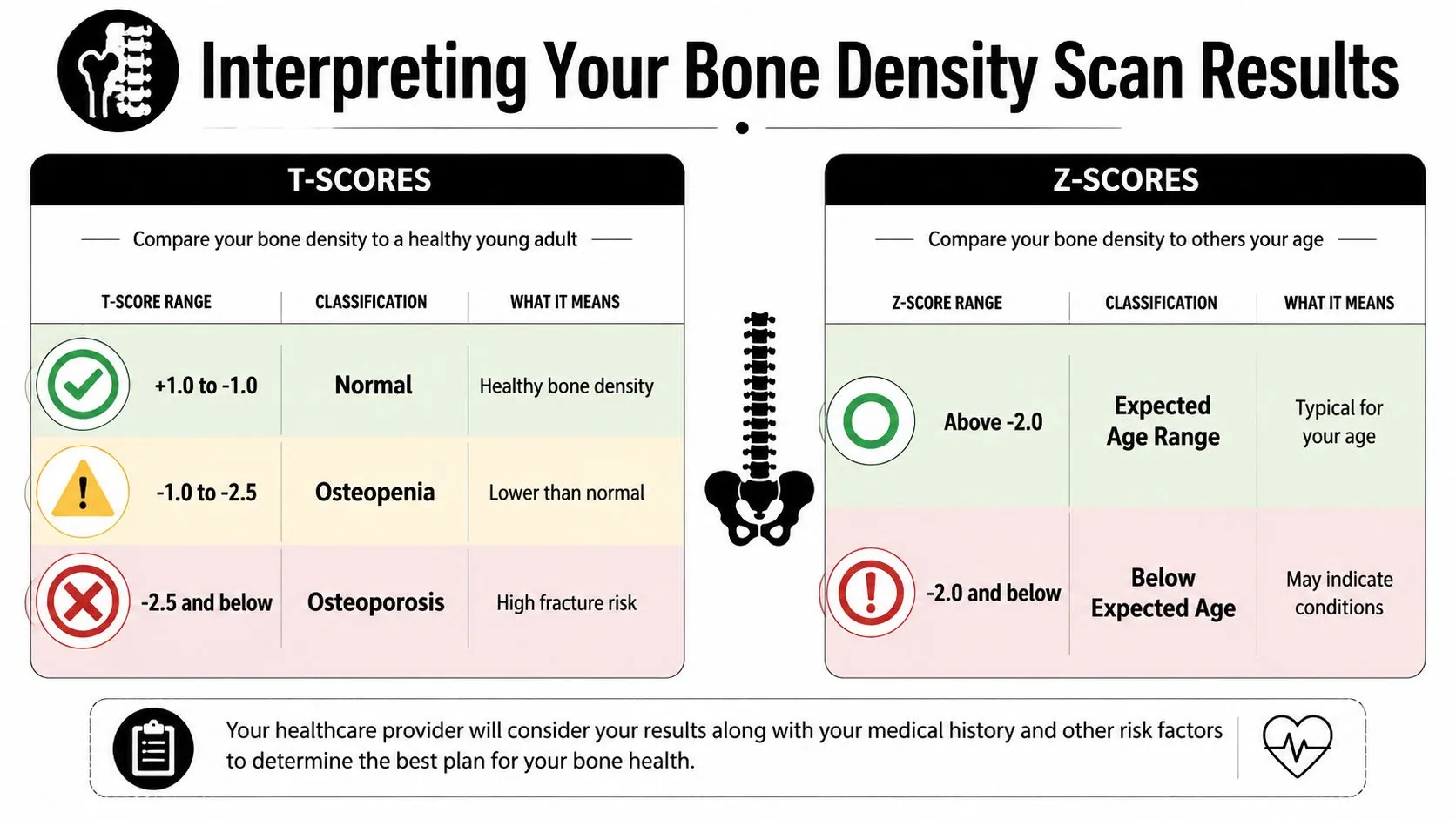A medical infographic explaining T-scores and Z-scores used to interpret bone density scan test results.