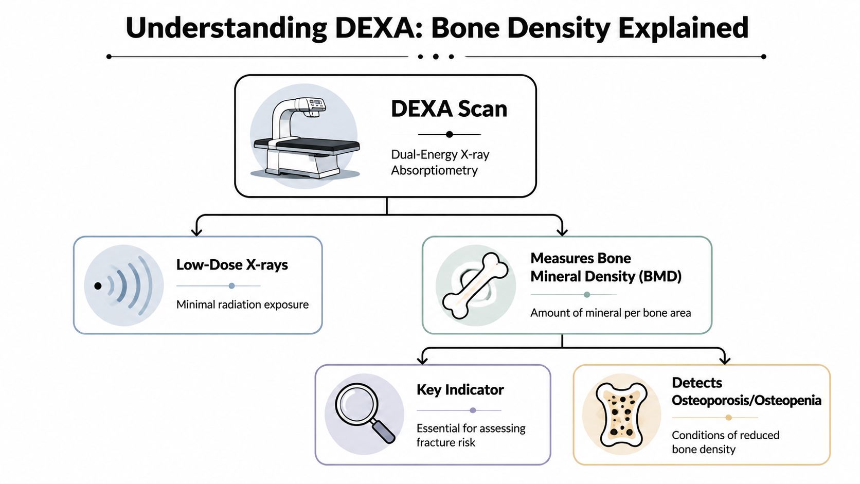 An infographic titled Understanding Your Bone Density Scan explaining the purpose, benefits, and results of DEXA scans.