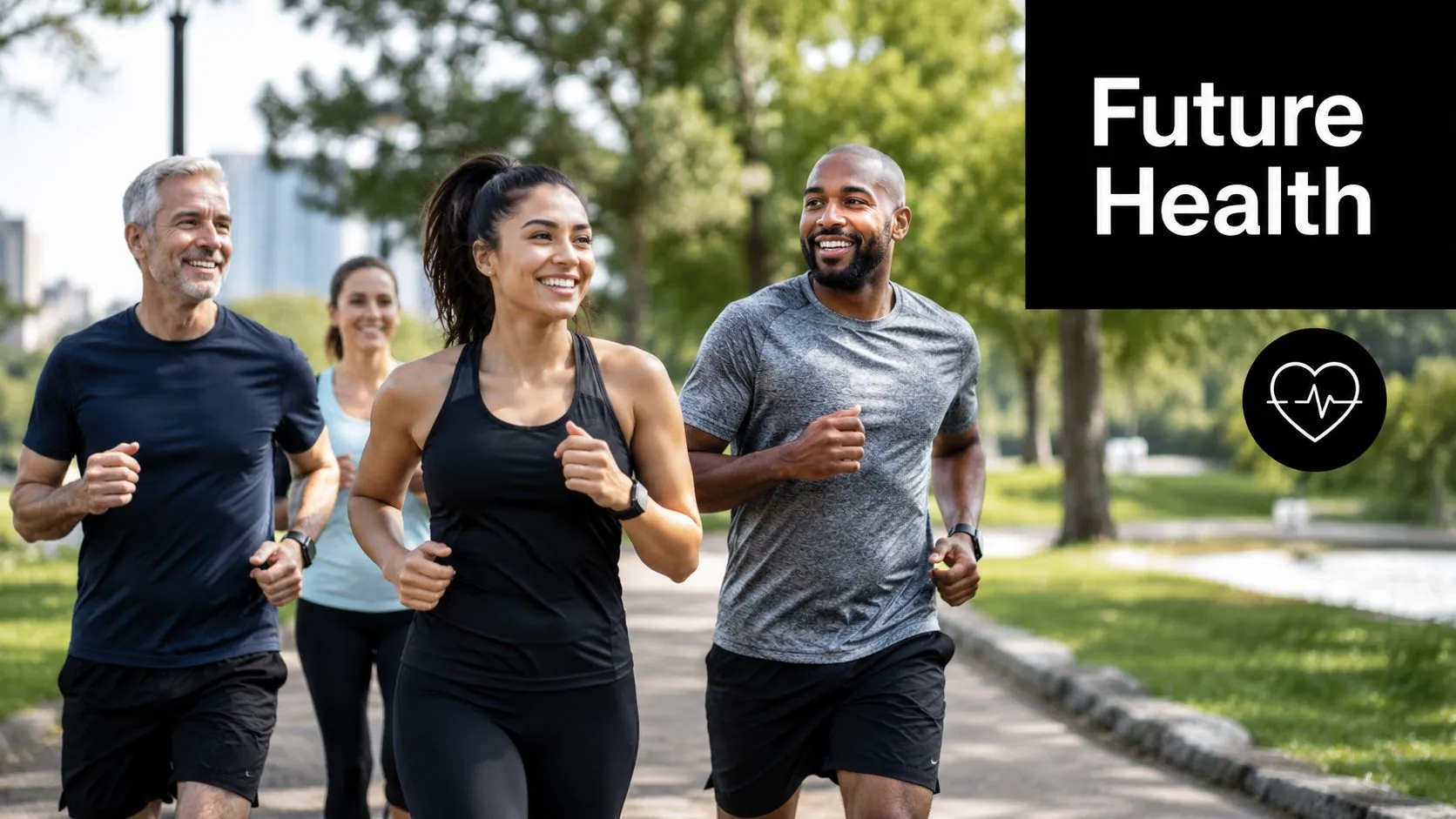 A diverse group of four people jogging together on a sunny outdoor park path for fitness.
