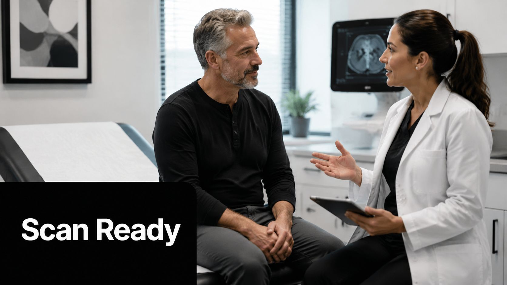 A doctor in a white coat discusses medical imaging results with an older male patient in clinic.