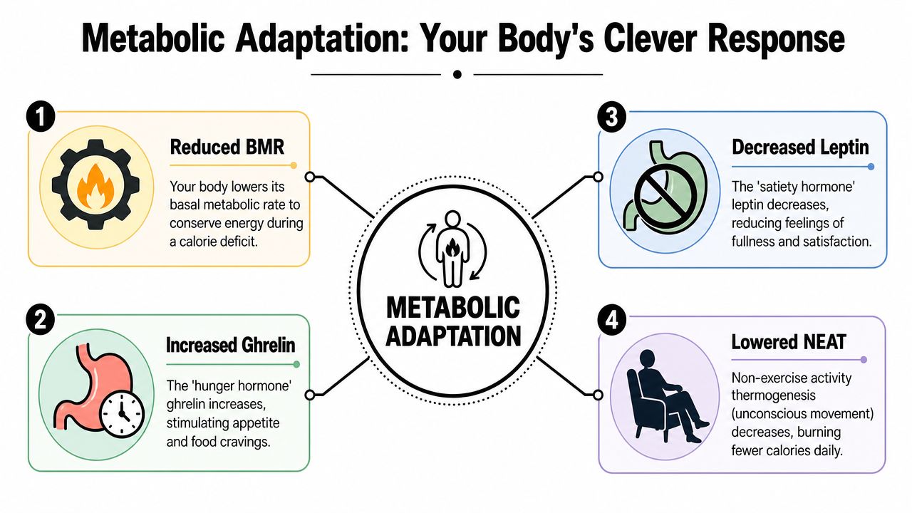 A diagram explaining metabolic adaptation, highlighting reduced BMR, increased ghrelin, decreased leptin, and lowered NEAT during calorie deficit.