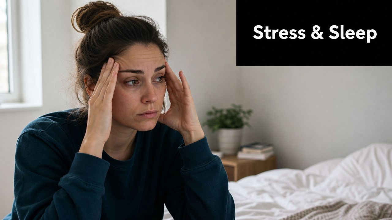 A stressed woman sitting on a bed holding her head due to lack of sleep.