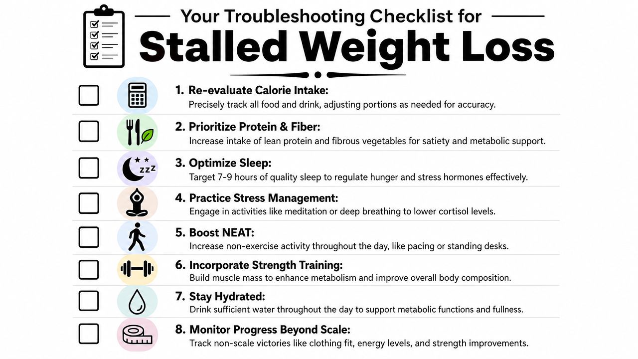 A checklist infographic illustrating eight tips to troubleshoot a stalled weight loss journey through healthy habits.