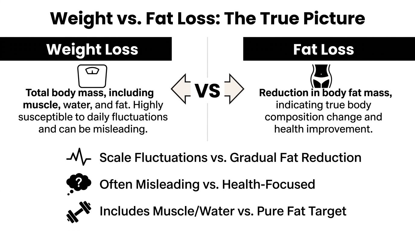 A comparison infographic between weight loss and fat loss highlighting why the scale can be misleading.