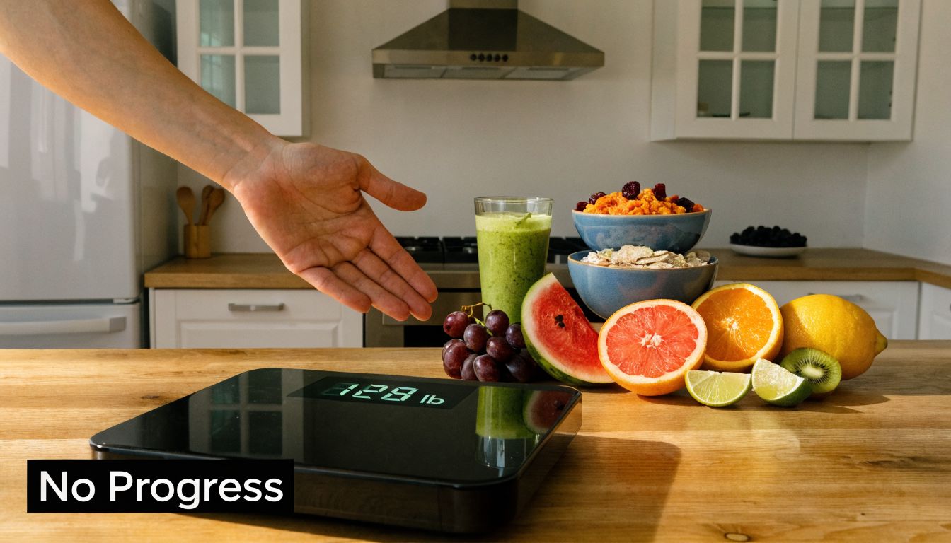 A person gesturing toward a digital scale showing 128 lbs with fresh fruits and healthy food nearby.
