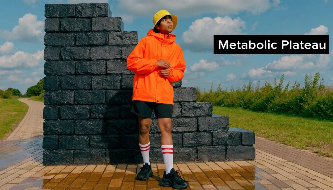 A person wearing a bright orange jacket and yellow bucket hat standing by a brick structure.
