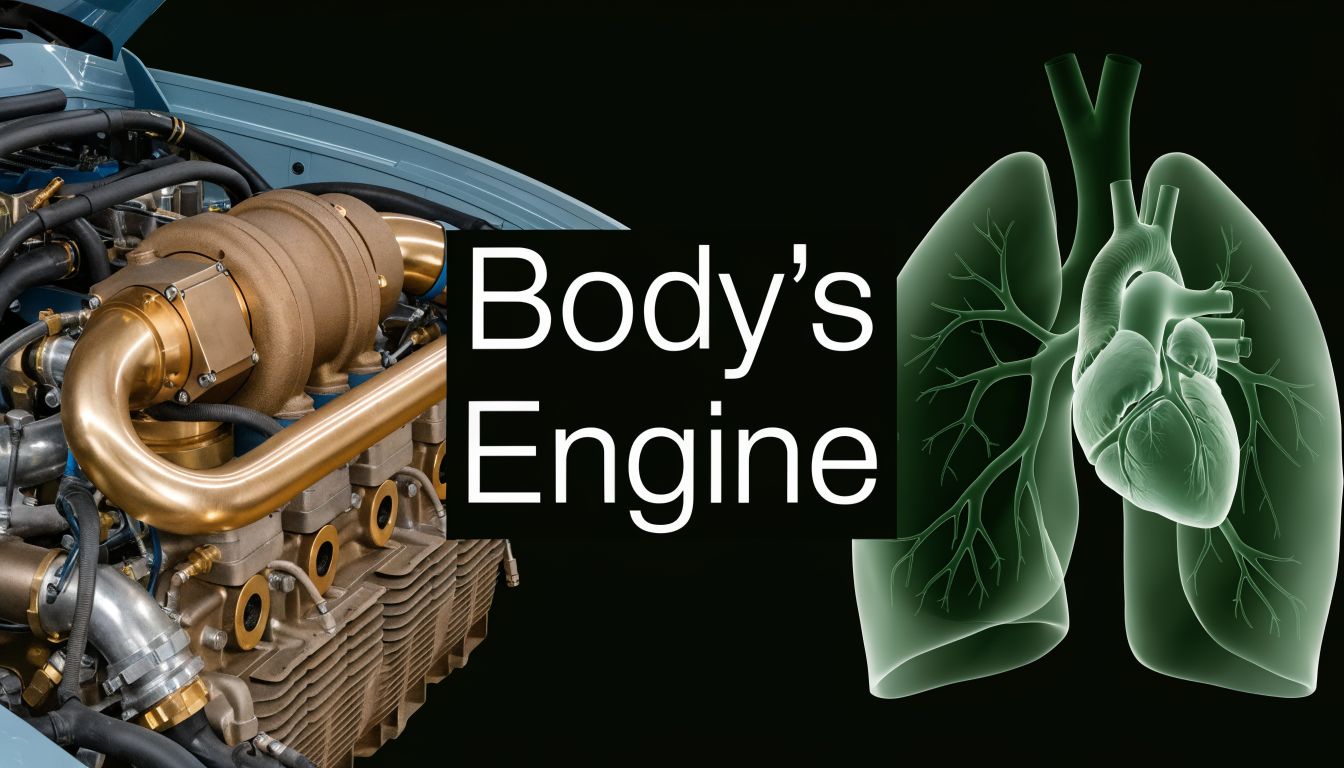 A split image comparing a complex car engine with the human heart and lungs against black.