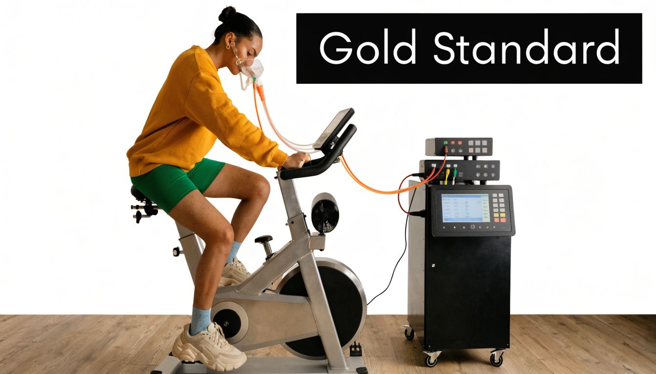 A person undergoing cardiovascular fitness testing on a stationary bike while wearing an oxygen mask.