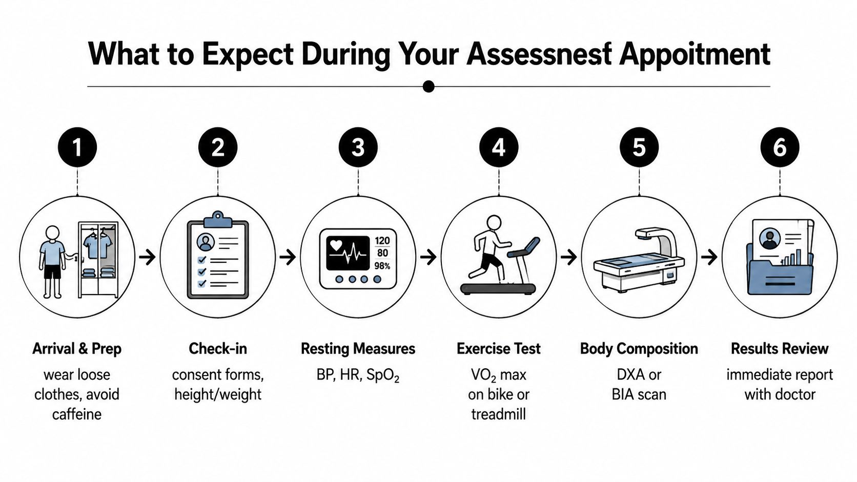 A six-step infographic detailing the process for a clinical assessment appointment from preparation to results review.