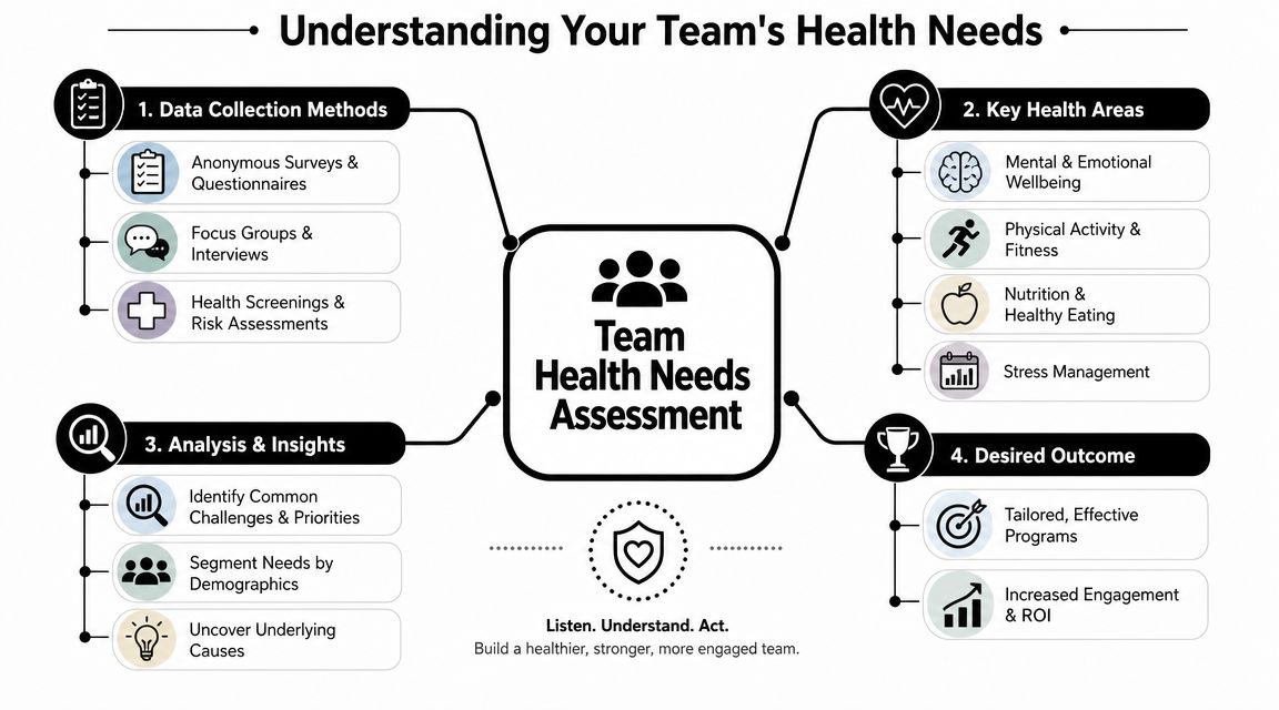 A diagram outlining the four stages of a team health needs assessment for corporate wellness programs.