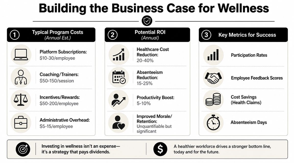 An infographic titled Building the Business Case for Wellness showing costs, ROI metrics, and success criteria for programs.