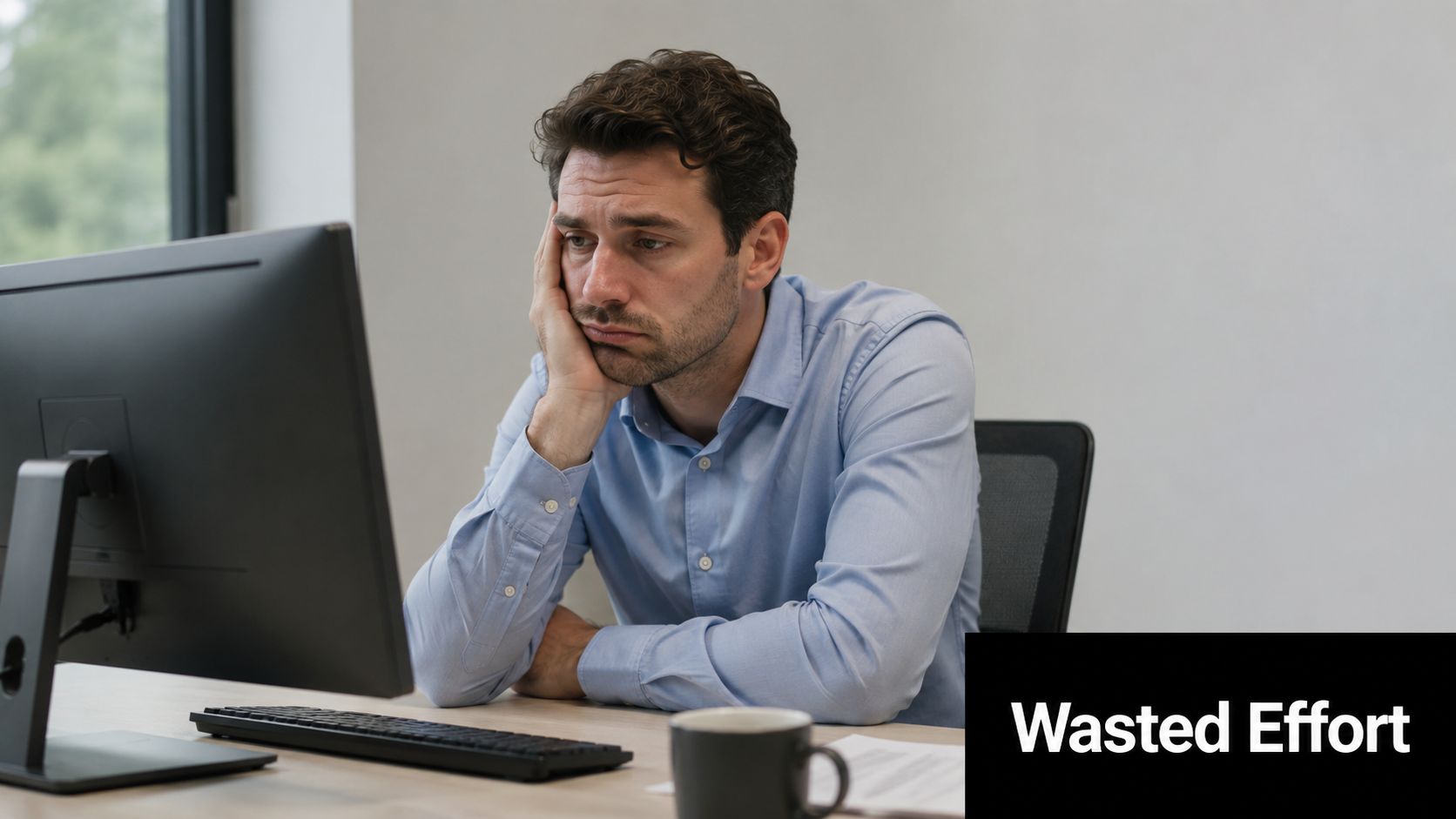 A tired, stressed employee sitting at his desk looking unmotivated while working at a computer in office.
