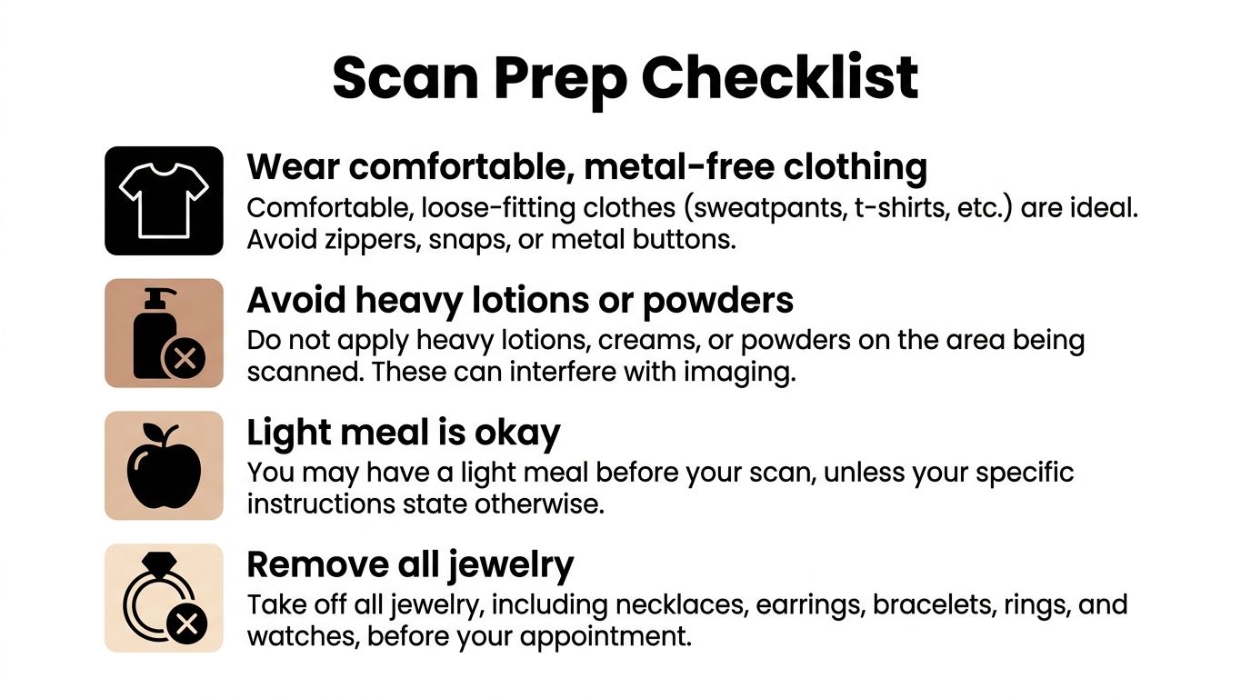 A checklist for scan preparation including clothing, lotions, meals, and jewellery instructions in a clear infographic.