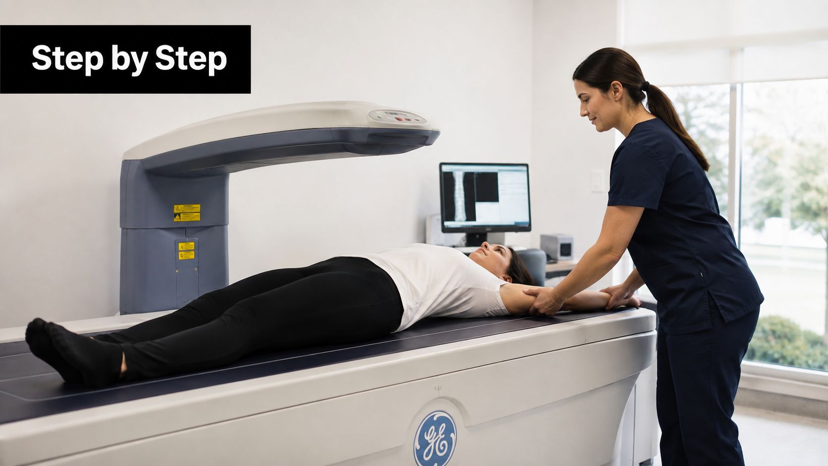 A medical radiographer positioning a patient on a bone density scanner table for a DEXA scan examination.