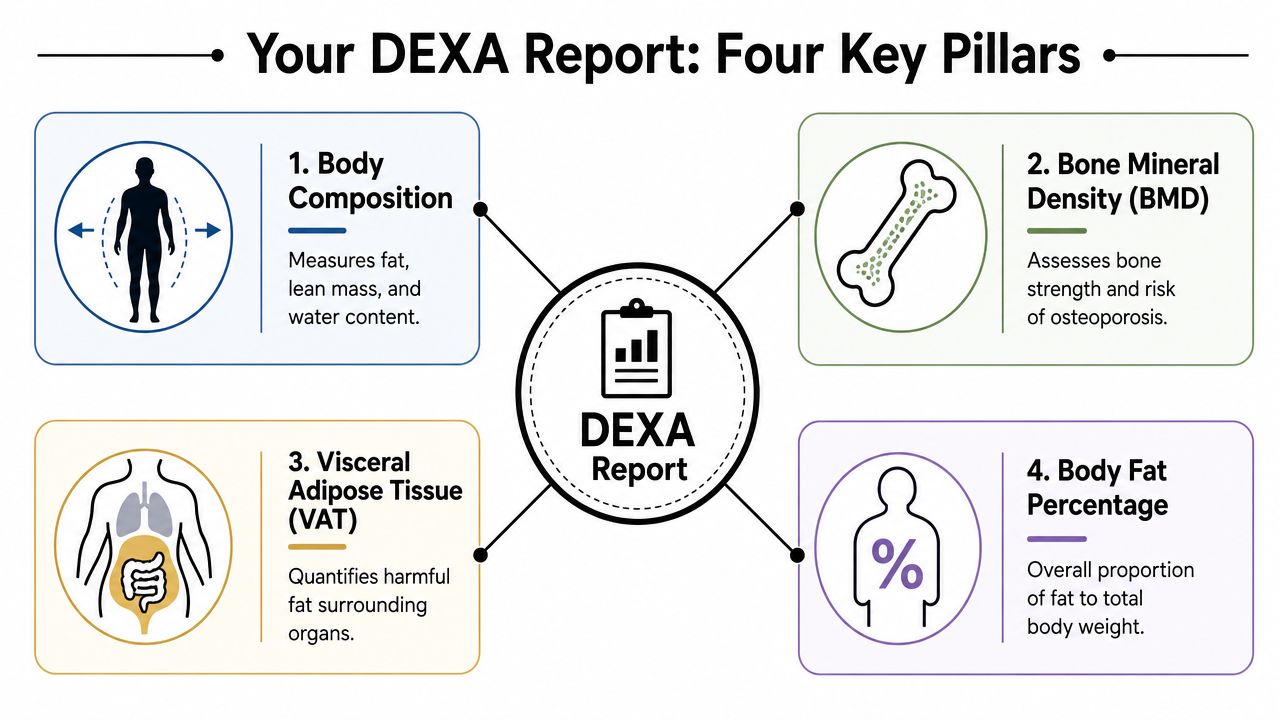 An infographic titled Your DEXA Report illustrating four key health pillars including body composition, bone density, visceral fat, and body fat.